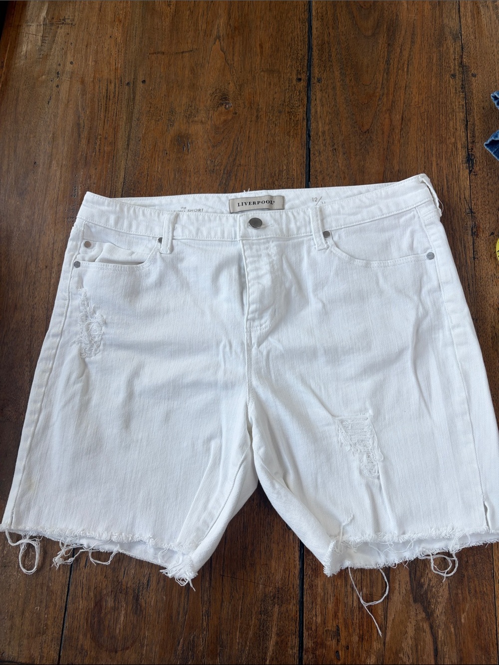 Liverpool White Distressed Denim Walking Shorts for Women